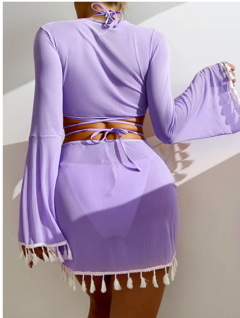 4pcs Solid Color Bikini With Short Skirt And Long Sleeve Cover-up Fashion Bow Tie Fringed Swimsuit Set Summer Beach Womens Clothing