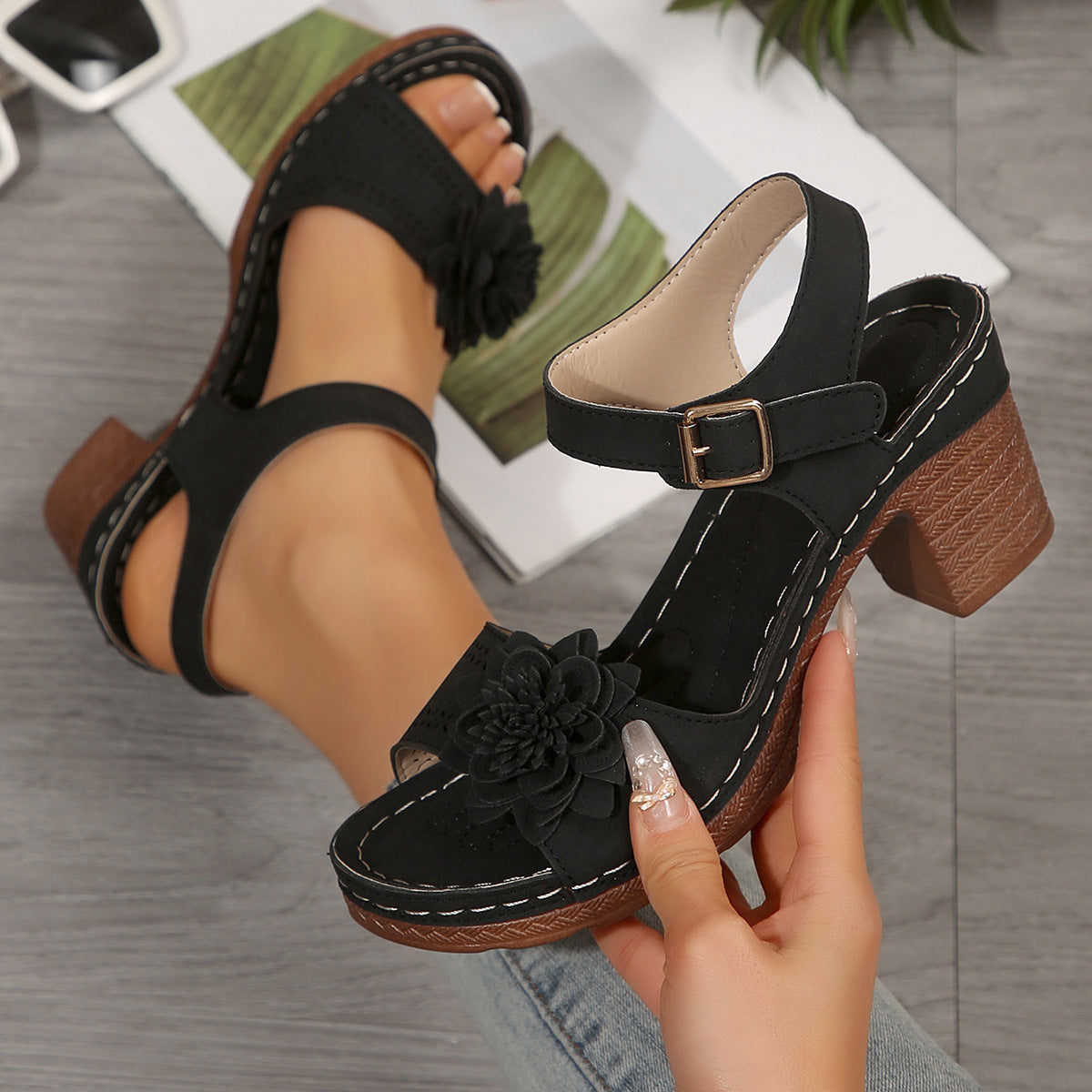Women's Flowers Chunky Heel Sandals Summer Plus Size Platform Shoes
