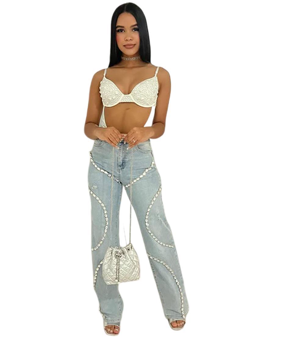 Women's Casual Light Diamond Stitching Straight Jeans