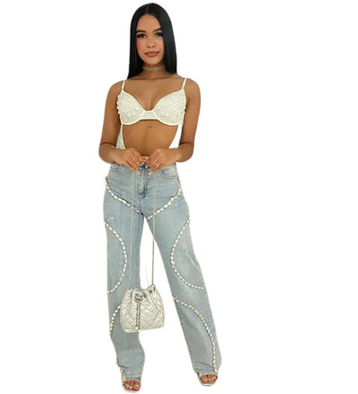 Women's Casual Light Diamond Stitching Straight Jeans