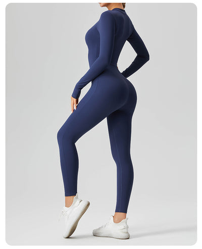 Women's Solid Color Casual Half Long-sleeve Zipper Jumpsuit