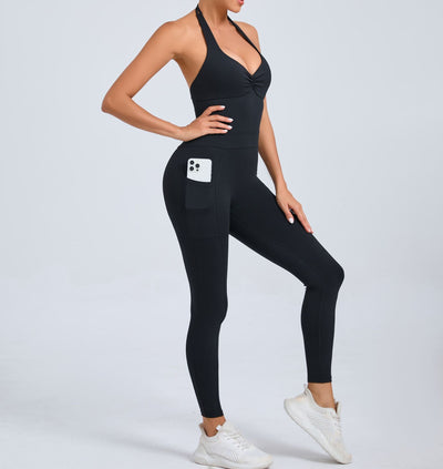 European And American Halter Side Pockets Yoga Jumpsuit