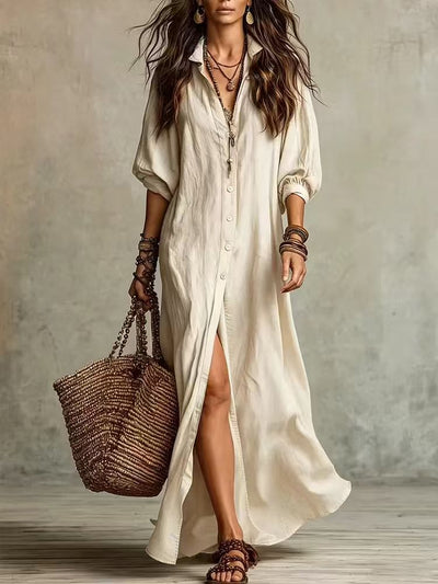 Three-quarter-sleeve Polo Long Dress Shirt