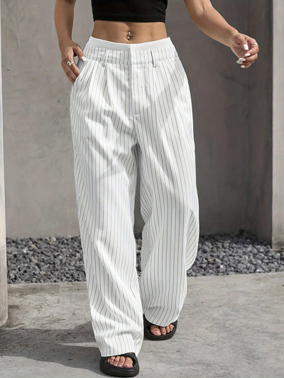 Stripe Printed Trousers Fashion High Waist Straight Leg Pants With Pocket Zipper Casual Suit Pants For Women