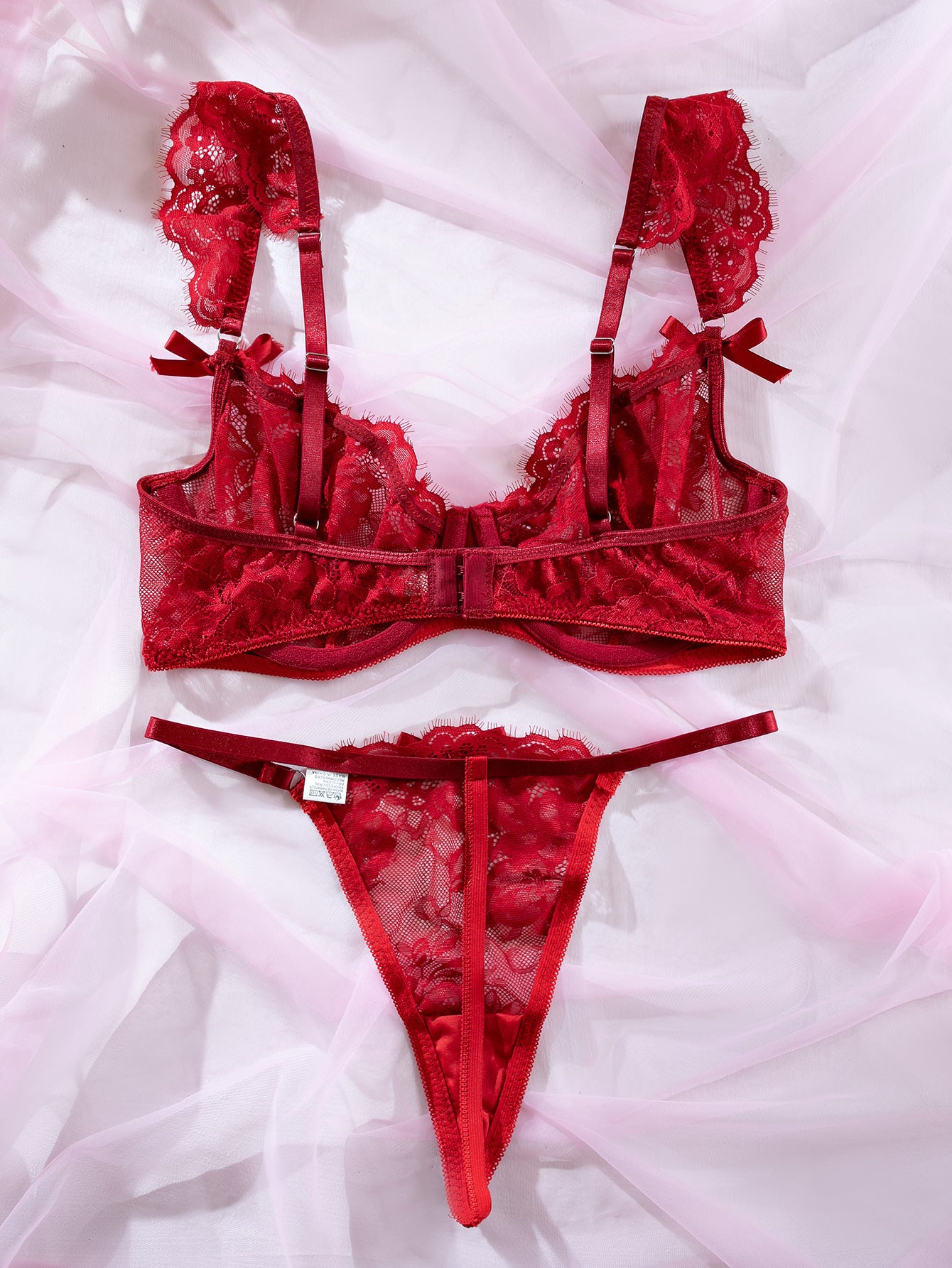 Lace Ruffle-Cuffed Sleeve Bow-Trim Sexy Lingerie Set For Women
