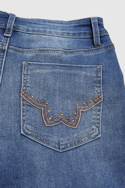 Womens Retro Beaded Embroidered Stretch Denim Jeans