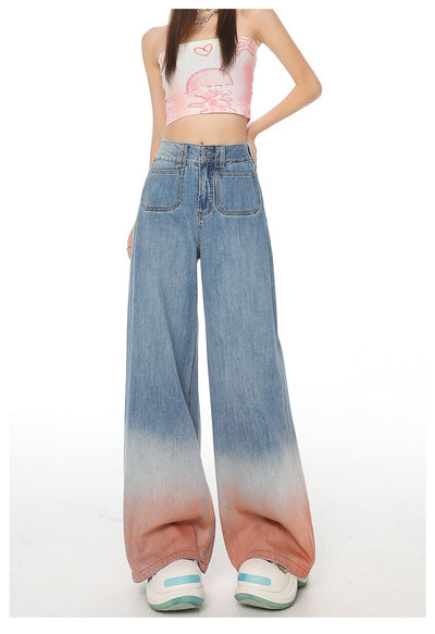Gradient Color High Waist Wide Leg Jeans For Women Loose-fitting Mopping Pants