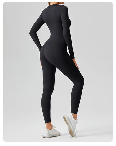 Women's Solid Color Casual Half Long-sleeve Zipper Jumpsuit