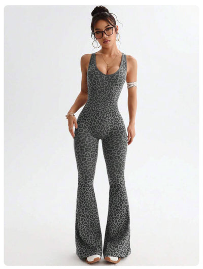 Women's Casual Sports Leopard Print Cross Beauty Back Jumpsuit