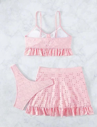 3pcs Beach Bikini With Hip-hugging Skirt Fashion Ruffle Design Swimsuit Set Summer Womens Clothing