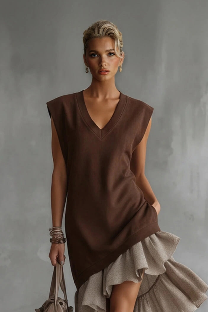 Solid-color Casual European-American Style Flounced Midi Skirt