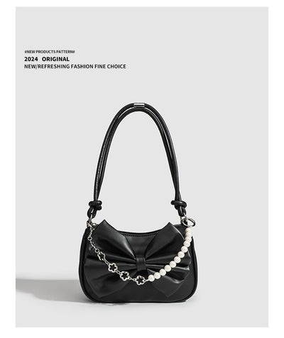 Black White PU Bow Handbags Autumn Winter Ladies Underarm Tote Bags Fashion Simple Pearl Chain Shoulder Bag Small Purse