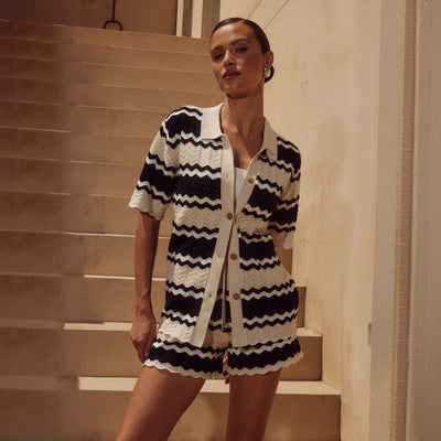 Hollow-out Striped Beach Cover-up Set