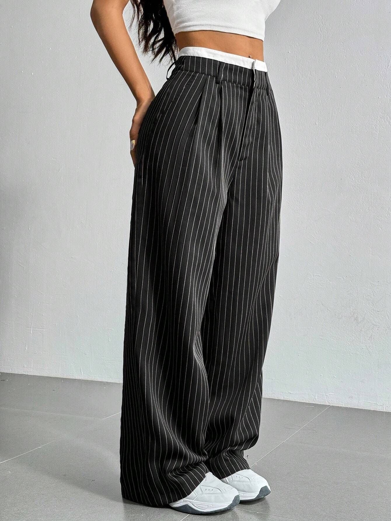Stripe Printed Trousers Fashion High Waist Straight Leg Pants With Pocket Zipper Casual Suit Pants For Women