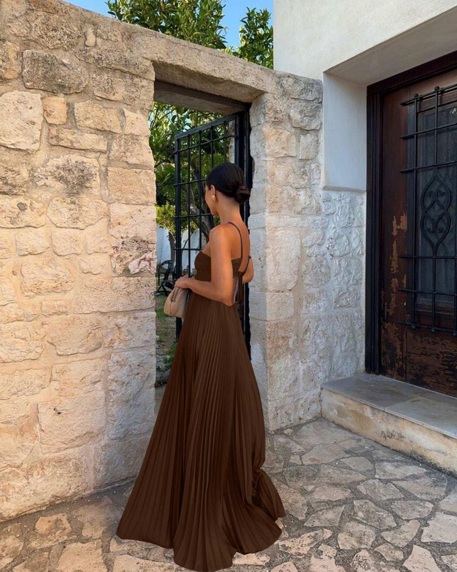 Ins Pleated Sleeveless Sling Dress Hollow High Waist Halter Robe Dresses For Evening Party Club Clothing Women
