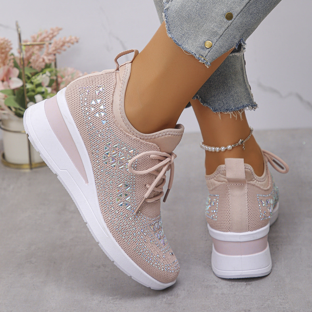 Ins Rhinestone Sneakers Fashion Lace Up Wedges Casual Shoes Women's Daily Commuting Sports Shoes