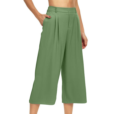 Womens Summer Solid-Color Casual High-Waisted Wide-Leg Cropped Trousers With Side Pockets