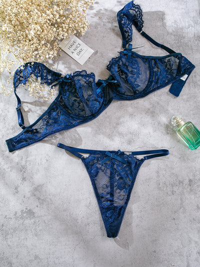 Lace Ruffle-Cuffed Sleeve Bow-Trim Sexy Lingerie Set For Women