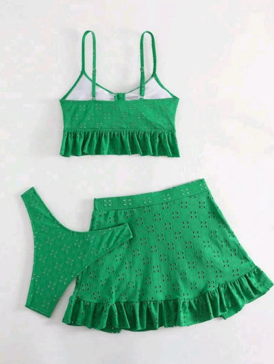 3pcs Beach Bikini With Hip-hugging Skirt Fashion Ruffle Design Swimsuit Set Summer Womens Clothing