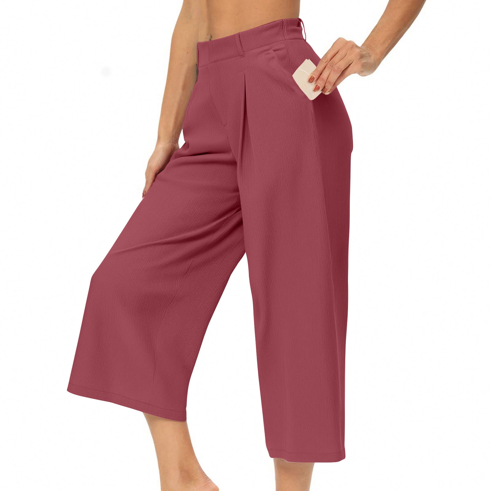 Womens Summer Solid-Color Casual High-Waisted Wide-Leg Cropped Trousers With Side Pockets