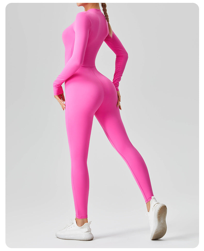 Women's Solid Color Casual Half Long-sleeve Zipper Jumpsuit