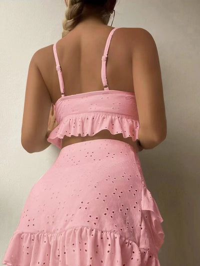 3pcs Beach Bikini With Hip-hugging Skirt Fashion Ruffle Design Swimsuit Set Summer Womens Clothing
