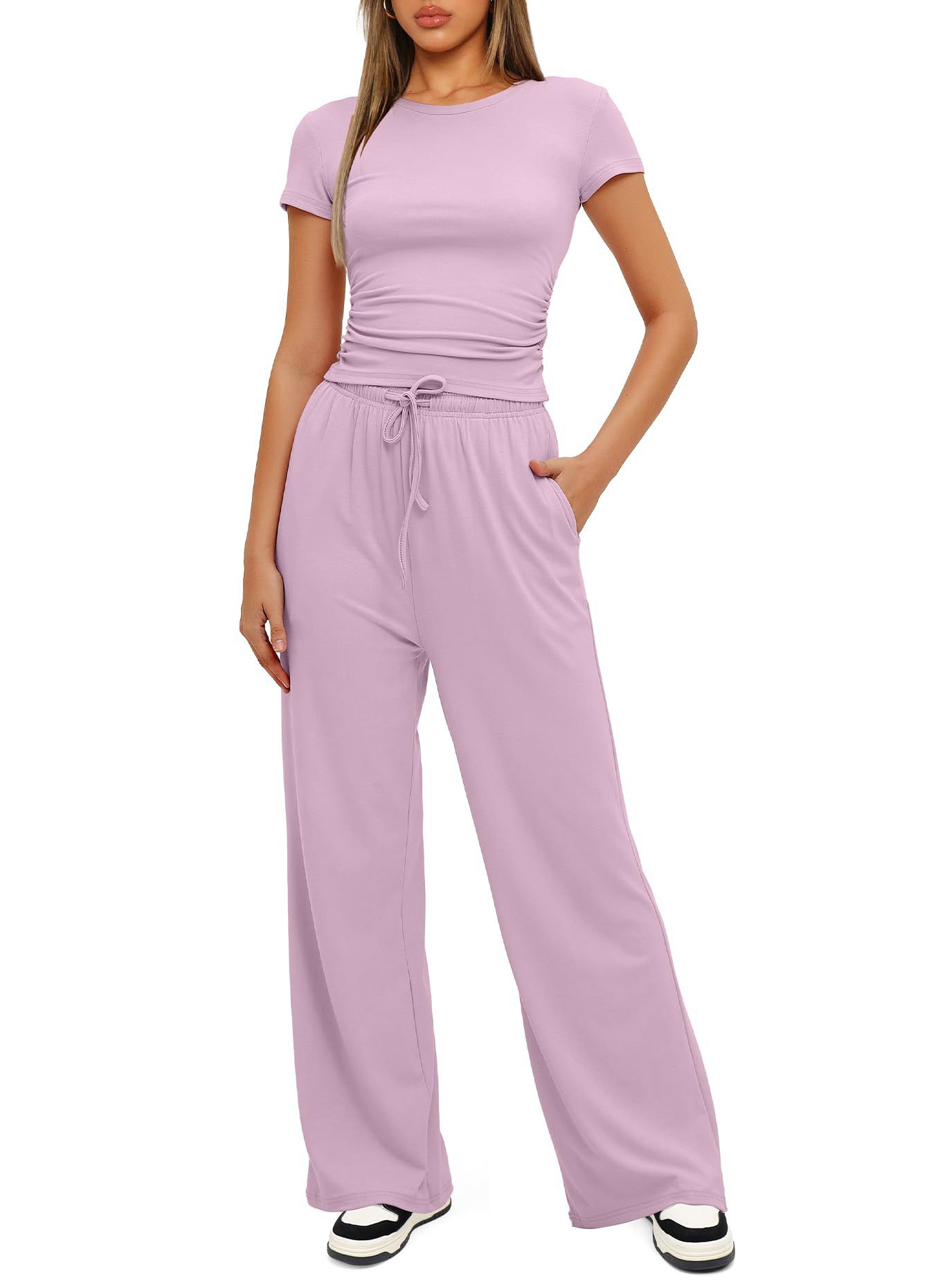 2pcs Solid Color Casual Sports Yoga Suit Short-sleeved Top And High-waisted Drawstring Wide-leg Pants Summer Fashion Set For Womens Clothing