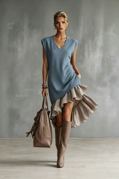 Solid-color Casual European-American Style Flounced Midi Skirt