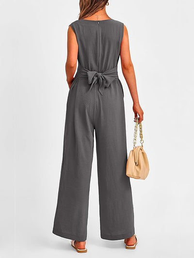 New V-neck Sleeveless Long Jumpsuit With Pockets And Lace-up Design Wide-leg Straight Trousers Summer Womens Clothing