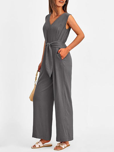 New V-neck Sleeveless Long Jumpsuit With Pockets And Lace-up Design Wide-leg Straight Trousers Summer Womens Clothing