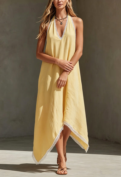 Spliced Lace-trimmed V-neck Dress