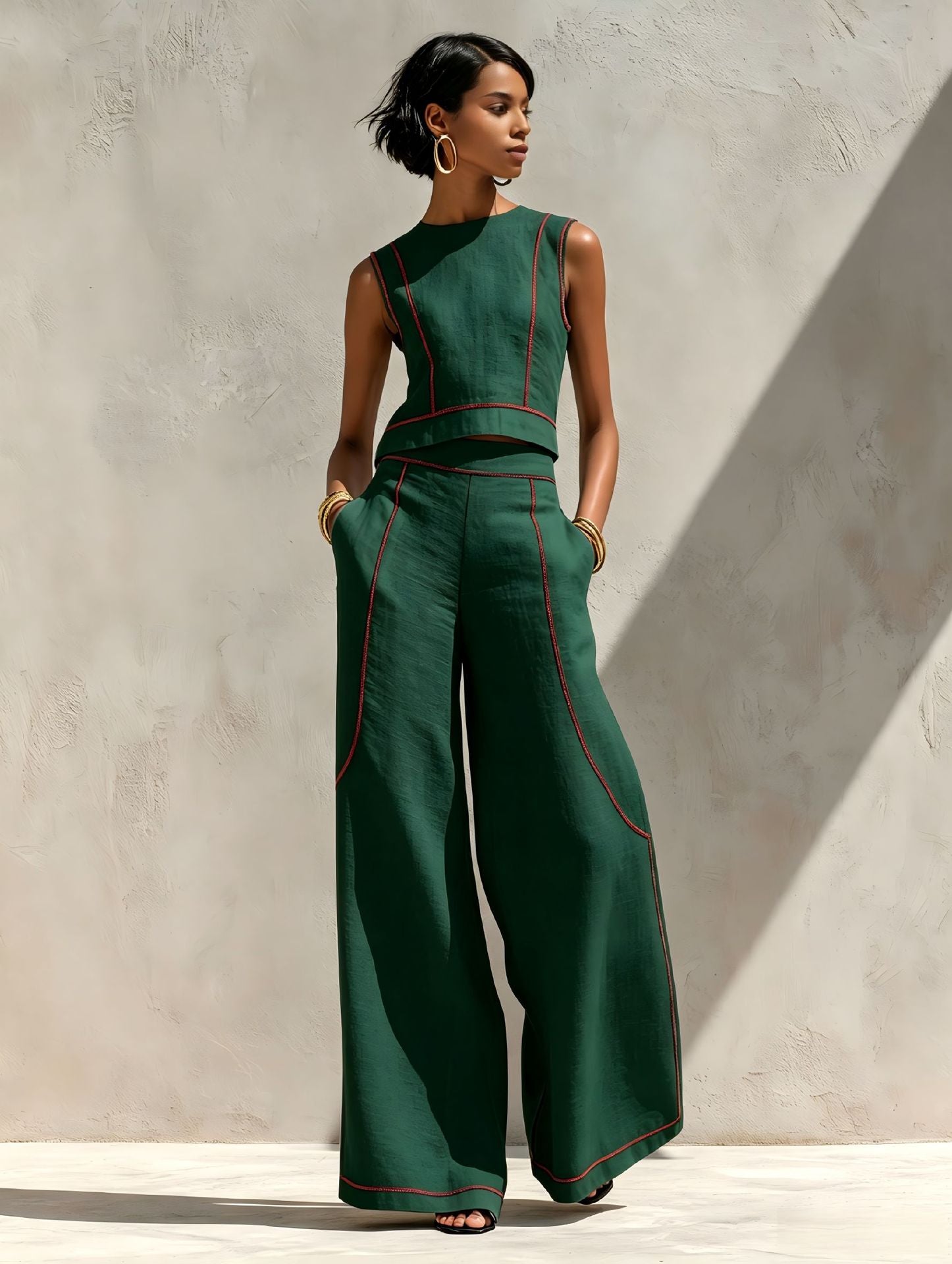 Sleeveless Color-Block Wide-Leg Pants Set Womens Summer Casual Chic Two-Piece Outfit