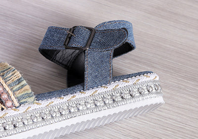 Fashion Tassel Denim Sandals With Thick-soled Flat Heel New Summer Hemp Rope Sole Ethnic Style Shoes For Women