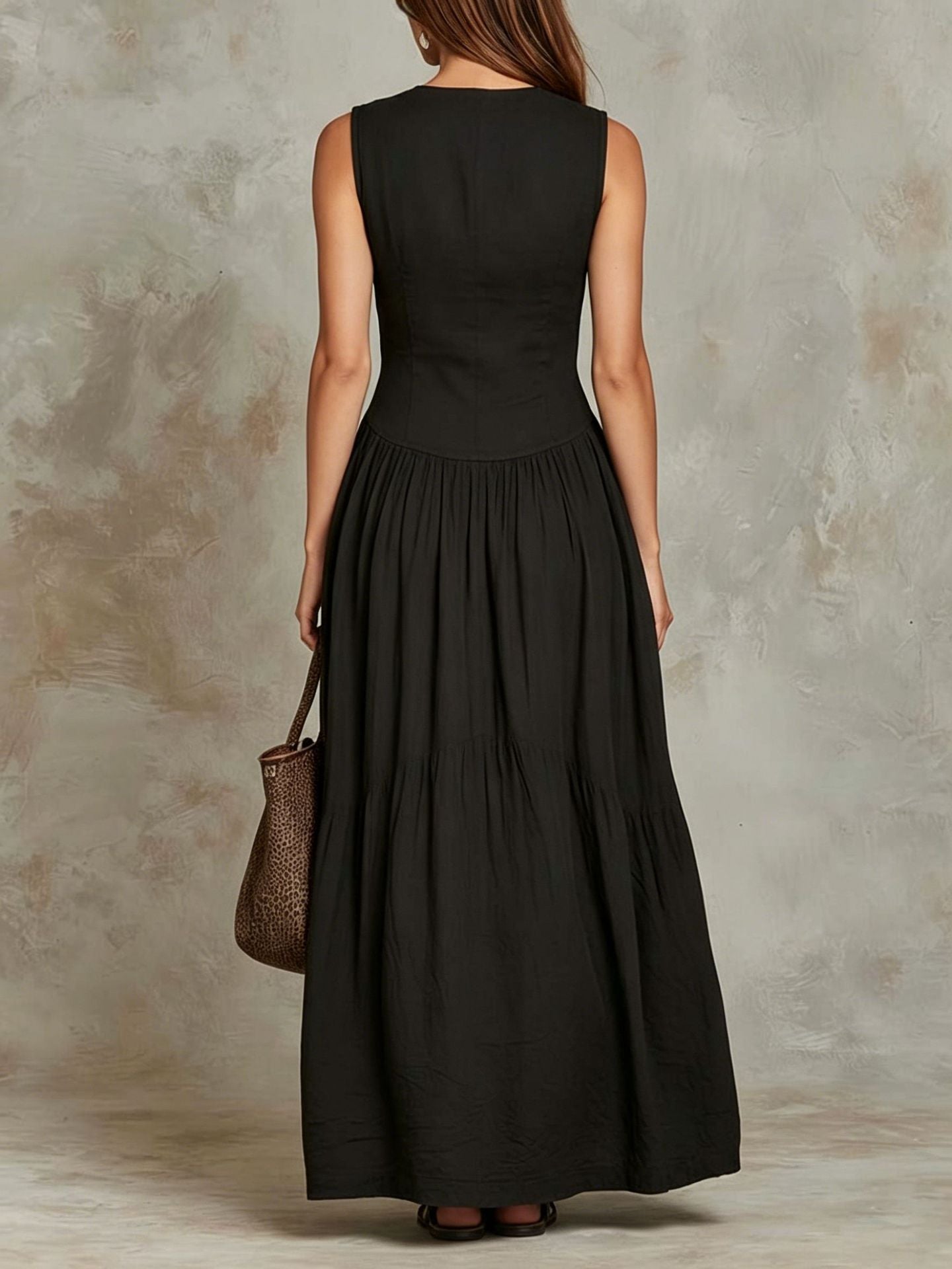 Relaxed-fit Sleeveless Casual V-neck Vintage Dress With Buttons