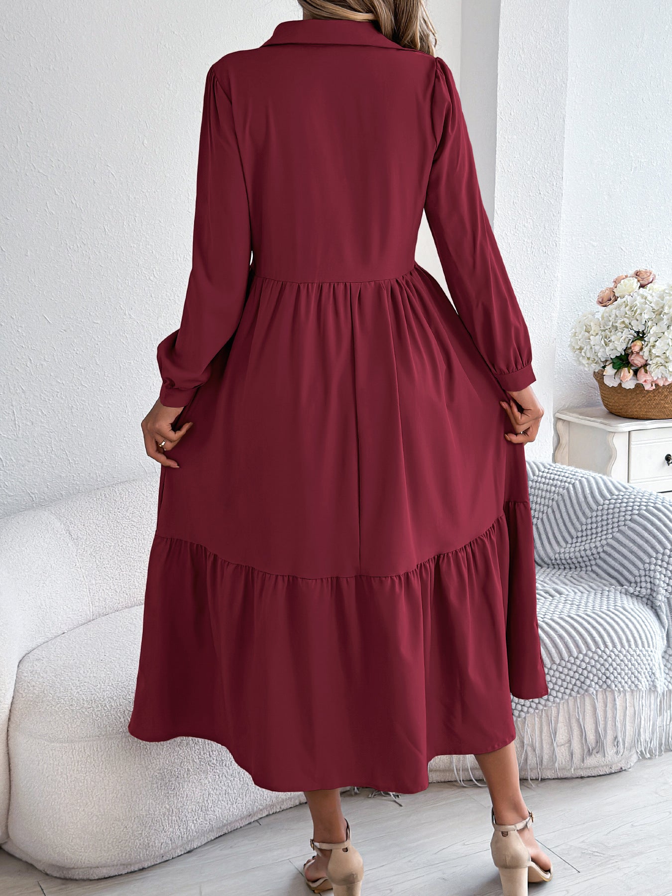 Women's Lapel Casual Loose Long Sleeve Ruffled Shirt Dresses Long Sleeved Turn-down Collar Single-Breasted Dress Spring Autumn Fashion Women's Clothing For Vacation