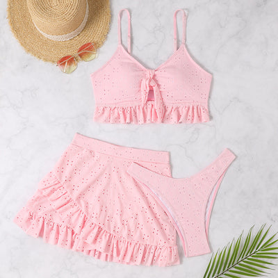 3pcs Beach Bikini With Hip-hugging Skirt Fashion Ruffle Design Swimsuit Set Summer Womens Clothing