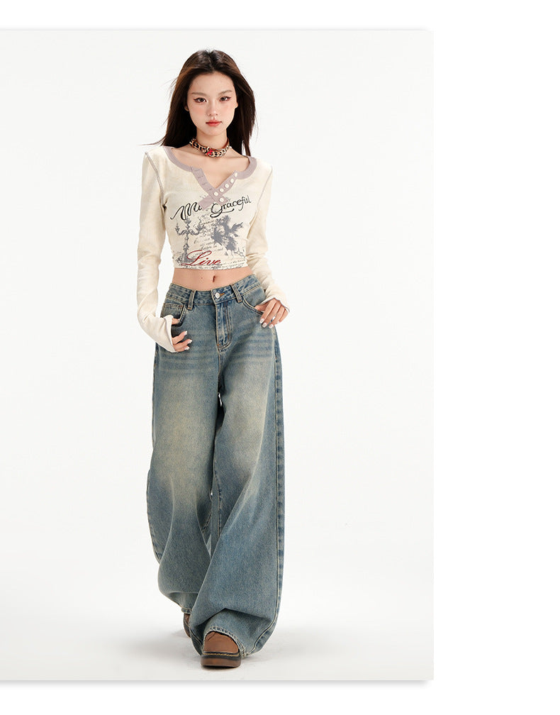 Retro Straight All-matching Loose Drooping Wide Leg Jeans