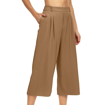 Womens Summer Solid-Color Casual High-Waisted Wide-Leg Cropped Trousers With Side Pockets