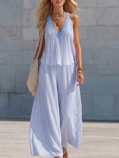Lace V-neck Pleated Striped Loose-fitting Slimming Wide-leg Pants Set