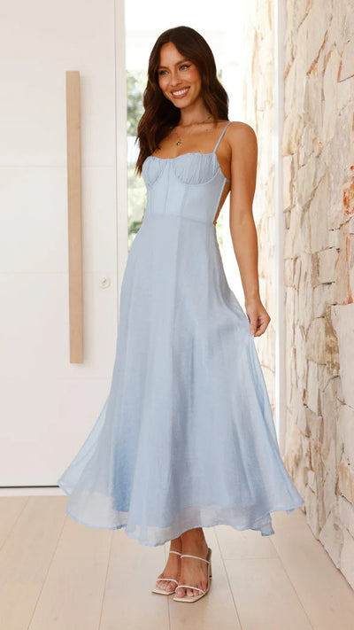 Strap-printed Backless Dress With A Slit At The Hem