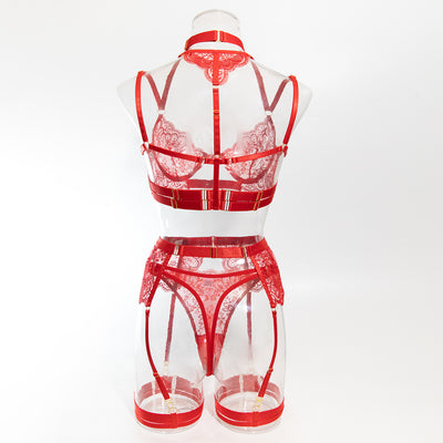Women's Solid Color Heavy Embroidery Sheer Sexy Lingerie Set