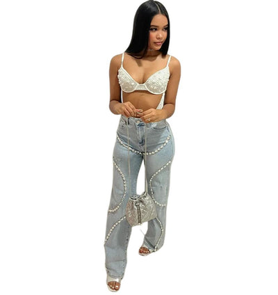 Women's Casual Light Diamond Stitching Straight Jeans