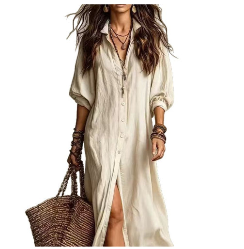 Three-quarter-sleeve Polo Long Dress Shirt