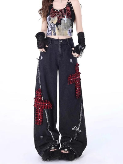 Retro Tattered Stitching Red Plaid Jeans