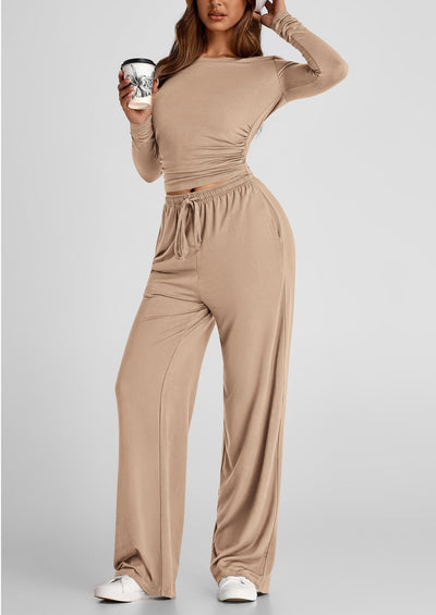 2 Pieces Women's Suit Autumn Winte Long Sleeve Tops High Waisted Wide Leg Pants Sportswear Female Clothes Solid Color Casual Suit