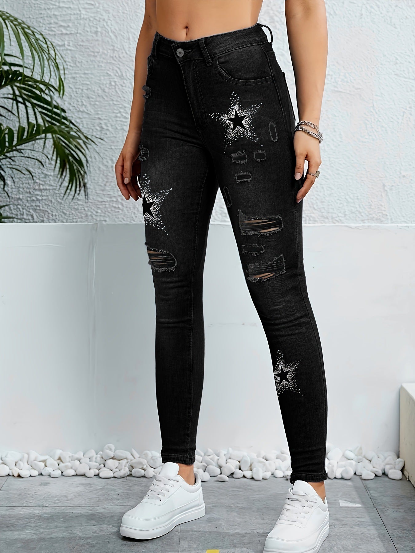 Stylish Ripped Distressed Color-blocked Versatile Star-print Skinny Denim Jeans