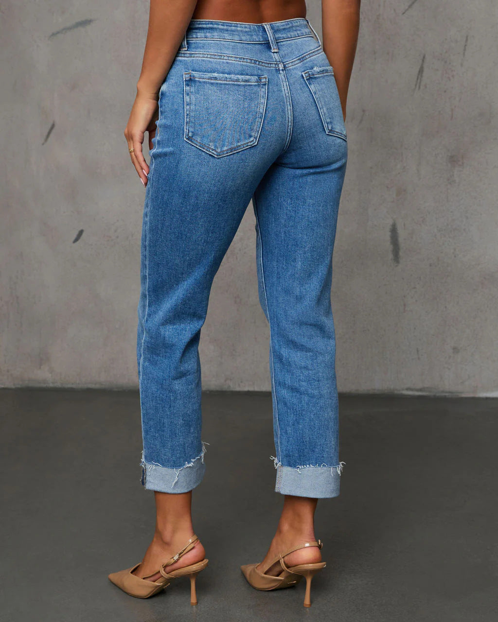 Cuffed Capri Pants, Fashionable Stretchy Whiskered Denim Jeans