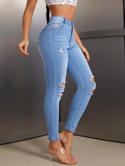 Elastic Slim-fit Women's Stylish Ripped Jeans