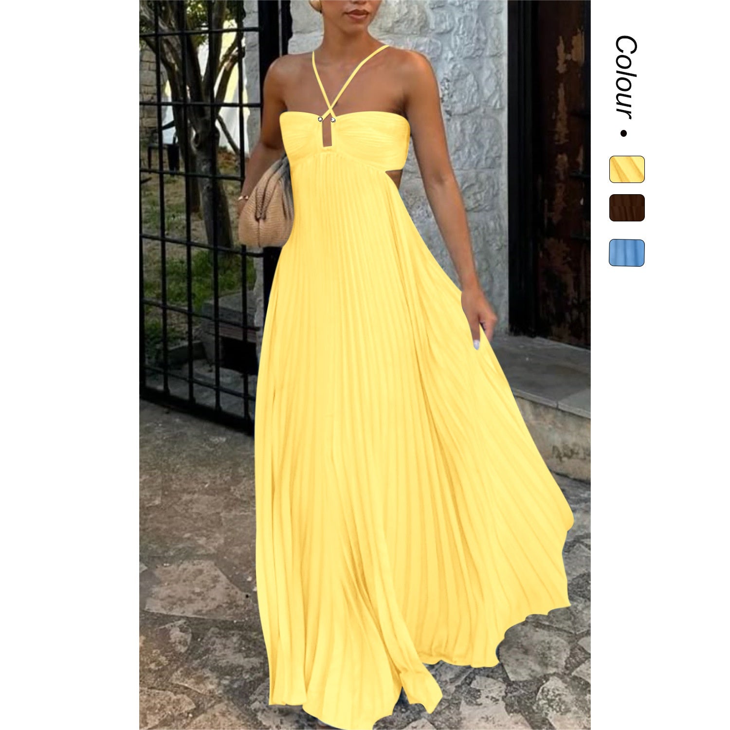 Ins Pleated Sleeveless Sling Dress Hollow High Waist Halter Robe Dresses For Evening Party Club Clothing Women