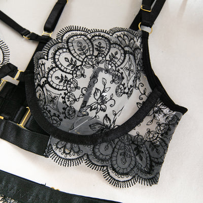 Women's Solid Color Heavy Embroidery Sheer Sexy Lingerie Set
